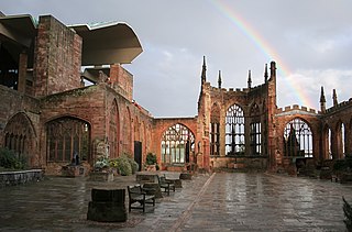 Coventry Cathedral ruins with rainbow