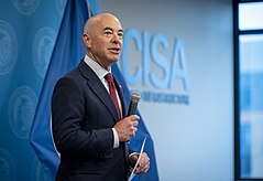 Secretary of Homeland Security Alejandro Mayorkas at CISA's current headquarters in Arlington, Virginia in 2021. DHS Secretary Alejandro Mayorkas Participates in CISA Swearing In Ceremony - 51369641326.jpg