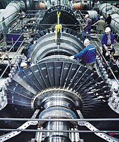 Design of a turbine requires collaboration of engineers from many fields, as the system involves mechanical, electro-magnetic and chemical processes. The blades, rotor and stator as well as the steam cycle all need to be carefully designed and optimized. Dampfturbine Montage01.jpg