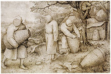 A 1568 painting depicting beekeepers in protective clothing, by Pieter Brueghel the Elder. Die Bienenzuchter (Bruegel).jpg