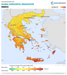 Solar insolation in Greece Greece GHI Solar-resource-map GlobalSolarAtlas World-Bank-Esmap-Solargis.png