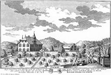 Schloss Uitikon im Jahr 1742. Erschienen in Herrlibergers Eigentliche Vorstellung der Adelichen Schlösser im Zürich Gebieth, Blatt 14, zweite Lieferung 1743 und Topographie der Eydgnoßschaft, fünfte Lieferung 1755