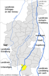 Lage der Gemeinde Hiltenfingen im Landkreis Augsburg