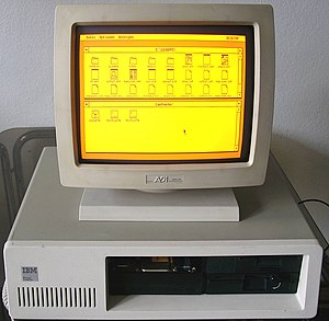 PC displaying GEM desktop in EGA on a monochome monitor