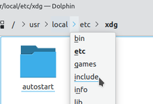 KDE's Dolphin (file manager), demonstrating its implementation of location-based breadcrumb navigation in the "usr", "local" and "etc" folder buttons. The arrows can also be clicked to expand selection. Kde breadcrumb nav.png