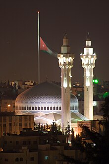 King Abdullah I Mosque at night in capital Amman. The royal family of Jordan, the Hashemites, adheres to Sunni branch of Islam. King Abdullah Mosque at Night.jpg