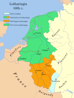 Pembagian Lotharingia pada tahun 959 Biru: Alsace, diserahkan kepada Swabia tahun 925 Jingga: Lorraine Hulu setelah tahun 928 Hijau: Lorraine Hilir setelah tahun 977