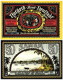 Notgeld of 1922, "Give us our colonies back! - Samoa." Neustadt Samoa 1922.jpg