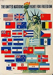Die Flaggen der 26 unterzeichnenden Nationen auf einem Poster des United States Office of War Information