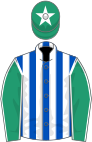 Royal blue and white stripes, emerald green sleeves, white seams, emerald green cap, white star