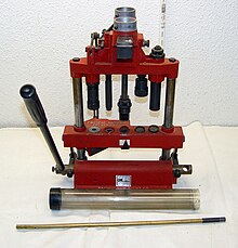 Pacific single stage shotshell reloading press (an inline design), showing the 5 stations standard to shotshell presses. Pacific266.jpg