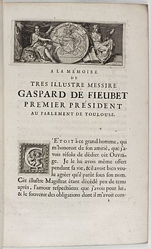 Page imprimée. Titre : A la mémoire de très illustre messire Gaspard de Fieubet premier président au Parlement de Toulouse. Au-dessus, un frontispice à ses armes.