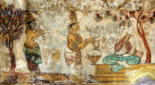Chola princes Aditha Karikalan and Arulmozhi Varman meeting their guru Rajaraja mural.png
