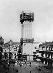 period photograph of the scaffolding around the campanile during reconstruction