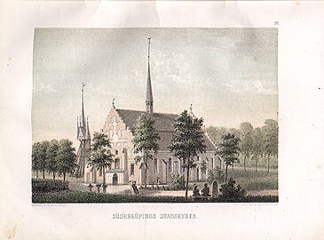 Kyrkan på ett färglitografi från 1874.