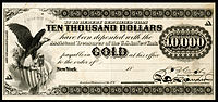 $10,000 Gold Certificate, Series 1865, Fr.1166g, with a vignette of an eagle and shield (left) and justice (bottom center).