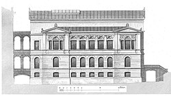 Blick von der Archivstraße auf das Verwaltungsgebäude; links der Zwischenbau mit Übergang zum Hauptgebäude