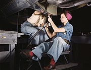 Women at work on bomber, Douglas Aircraft Company, Long Beach, California in October 1942.