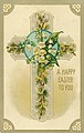 Amerikansk påskekort med kross, liljekonvall og gåsungar frå rundt 1910.