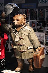 Cumberbatch's Sherlock Holmes-themed Paddington Bear statue in London, auctioned to raise funds for the NSPCC "Sherlock Bear" Paddington Bear, Museum of London - geograph.org.uk - 4262748.jpg