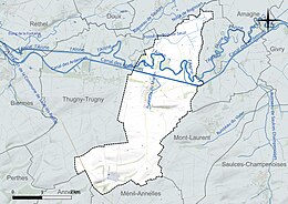 Carte en couleur présentant le réseau hydrographique de la commune