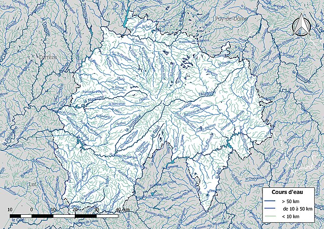 Carte de l'ensemble du réseau hydrographique du Cantal.