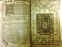 John Speed's Genealogies Recorded in the Sacred Scriptures (1611), bound into first King James Bible in quarto size (1612). 1612 First Quarto of King James Bible.jpg