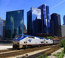 Amtrak train on the Empire Builder route departs Chicago from Union Station. 20110821 AmtrakEmpireBuilder.jpg