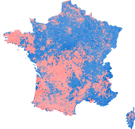 Vote majoritaire par communes lors du deuxième tour de l'élection présidentielle française de 2012. En rose, les communes où François Hollande est arrivé en tête ; en bleu, celles ayant donné la majorité à Nicolas Sarkozy. (image vectorielle)