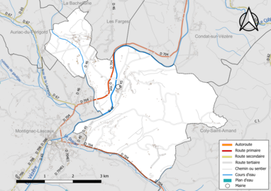 Carte en couleur présentant le réseau hydrographique de la commune