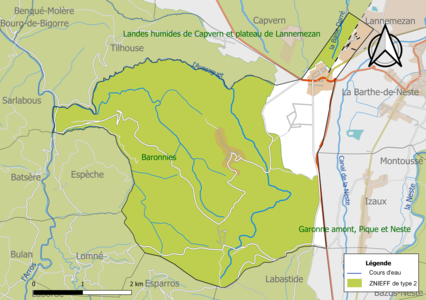 Carte en couleurs, délimitant une Zone naturelle sur la commune d'Avezaguet