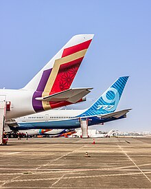 AI's first A350 alongside its future companion, the Boeing 777X that the airline has ordered in early 2023 during the Paris Air Show. A350&B777x.jpg