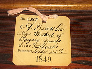 Lincoln's United States Patent, tag No. 6,469 Abraham Lincoln's U.S. Patent.jpg