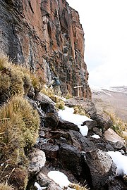 The Amazon originates from the Apacheta cliff in Arequipa at the Nevado Mismi, with a sole sign of a wooden cross.