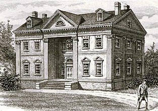 A black-and-white drawing of the Apthorpe Mansion, which depicts its appearance in 1790