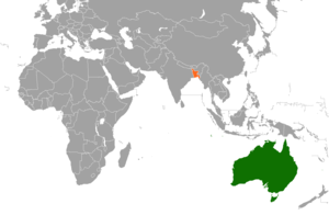 Mapa indicando localização da Austrália e de Bangladesh.