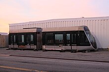 Mockup of a BQX streetcar in storage at the Brooklyn Navy Yard. BQX Streetcar at the Brooklyn Navy Yard.jpg