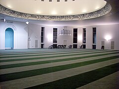 View of men's prayer hall and dome from inside the main mosque.