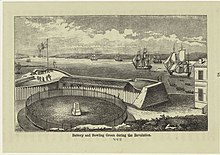 An 1859 engraving showing the remains of the George III statue pedestal in Bowling Green Park Battery and Bowling Green during the Revolution.jpeg