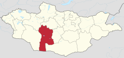 Kaart van Mongolië met Ajmag Bajanhongor in het rood