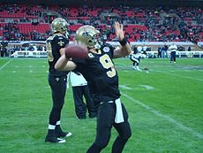 Quarterback Drew Brees was named MVP in Super Bowl XLIV. Brees london 2008.jpg