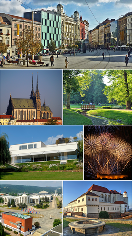 From top: The Liberty Square, Cathedral of St. Peter and Paul, Lužánky Park, Villa Tugendhat, Ignis Brunensis, Brno Exhibition Centre, Špilberk Castle