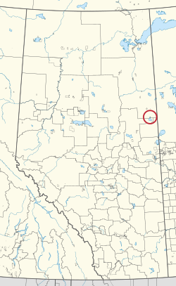 A map of the province of Alberta showing 80 counties and 145 small Indian reserves. One is highlighted with a red circle.