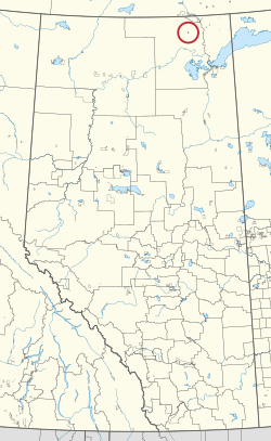 A map of the province of Alberta showing 80 counties and 145 small Indian reserves. One is highlighted with a red circle.