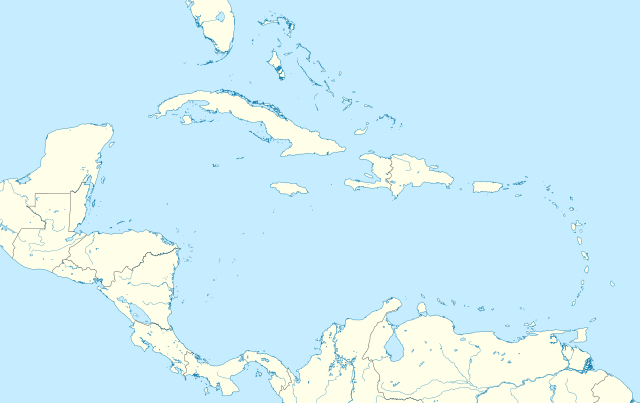 Mapa konturowa Morza Karaibskiego, po prawej znajduje się punkt z opisem „Oranjestad”