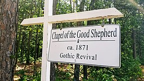 Road sign which reads "Chapel of the Good Shepherd cir. 1871"