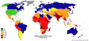 English: World map showing % of children under...