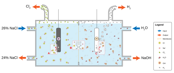 Membrane cell process for chloralkali production Chloralkali membrane.svg