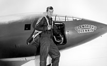 Chuck Yeager in front of the Bell X-1, the first aircraft to break the sound barrier in level flight Chuck Yeager.jpg