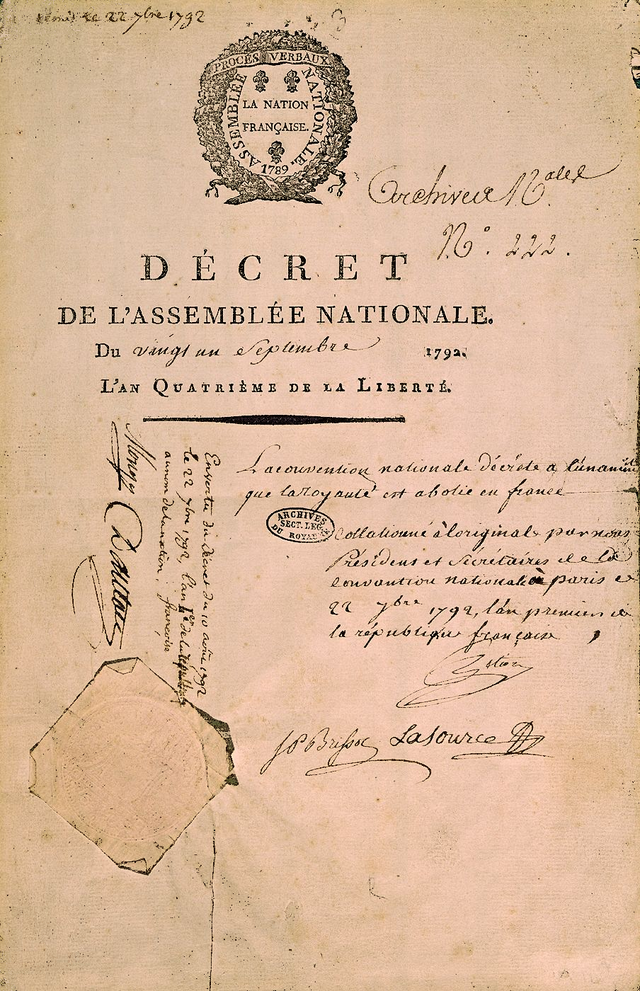 Décret de la Convention abolissant la royauté, 21 septembre 1792 (Archives nationales).